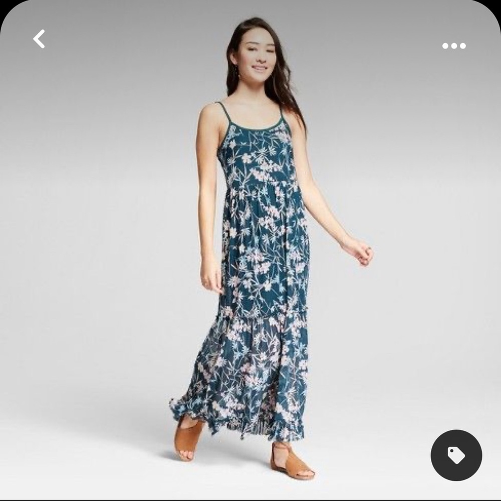 Xhilaration Green Floral Maxi Dress Empire Waist Lined